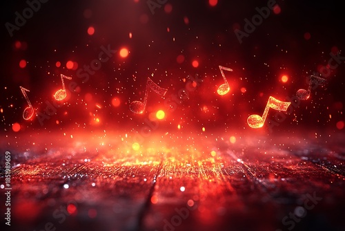 Glowing musical notes float in fiery red bokeh background melody sound