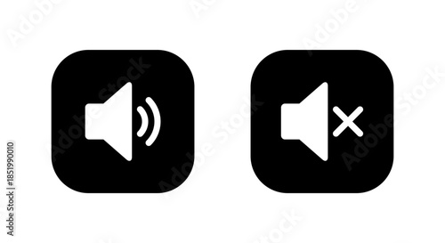 Speaker volume icon in black square. Sound and mute audio symbol. Loud and silent sign