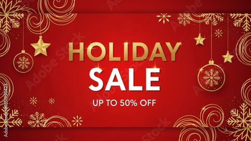 Holiday sale banner with ornaments and snowflakes festive red background for Christmas and New Year 