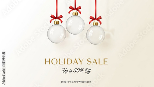 Elegant holiday sale banner with clear glass ornaments red ribbons and festive text for Christmas pr