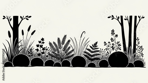 Black and white botanical border illustration stylized forest plants and grasses clean vector design