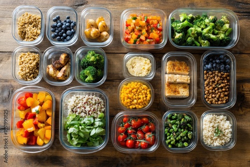 Colorful healthy meal prep jars with vegetables, grains, and snacks for a balanced lifestyle