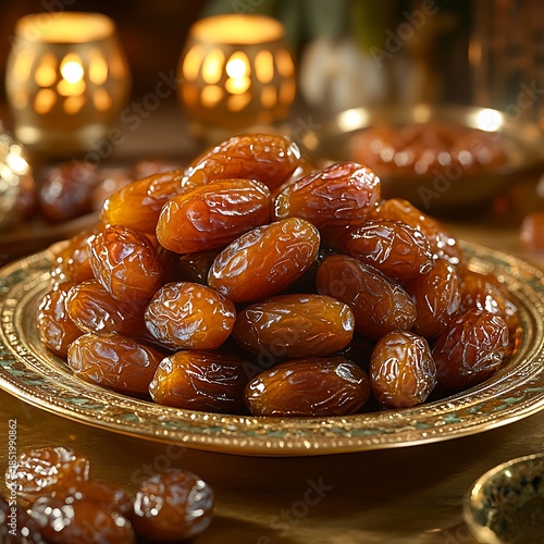 Pile of glistening brown dates on ornate golden plate with blurred candle lights date fruit
