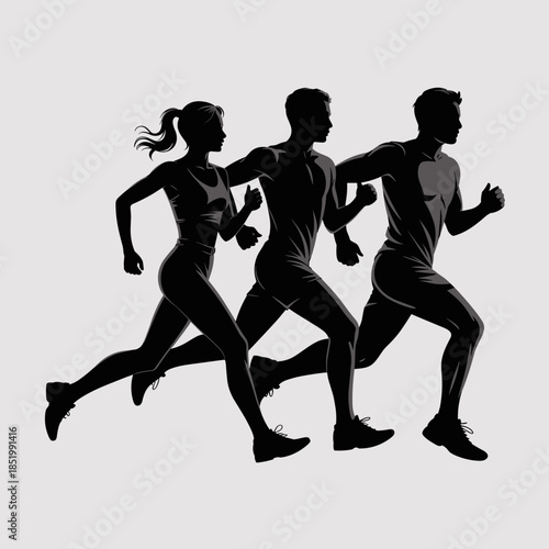 Silhouetted Group of People Running Together in Athletic Apparel