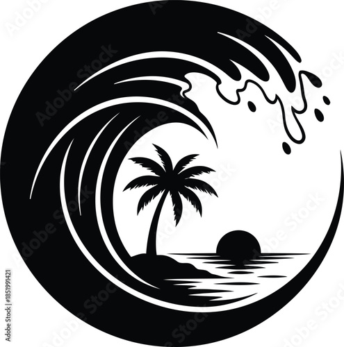 Tropical ocean wave and palm tree silhouette circle logo summer travel design Vector illustration