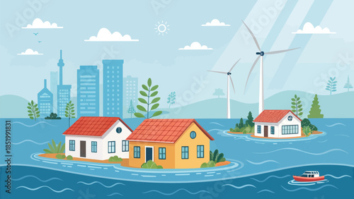 Submerged Coastal City with Floating Homes Illustration