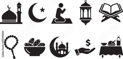 Black silhouette icons of ramadan kareem symbols and objects