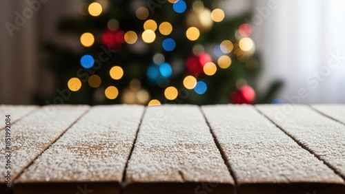 Close-up of wooden table with powdered sugar in front of blurred decorated Christmas tree indoor