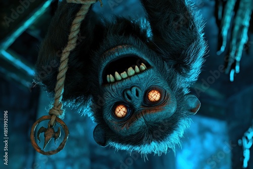 Upside down blue ape creature with glowing eyes and rope pendant in a moody scene