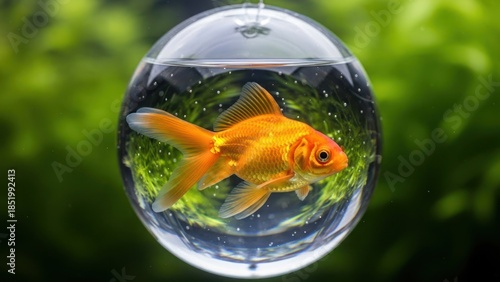 Vibrant orange goldfish swimming inside a small transparent glass bowl with green aquatic plants