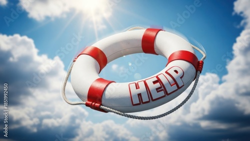 Symbolic Lifebuoy with the word Help Floating Against a Bright Sky Background