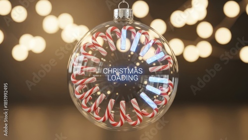 Christmas ornament with candy canes and holiday lights displaying Christmas loading message