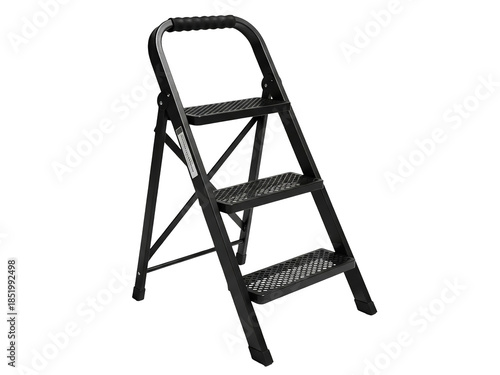 A black metal step ladder isolated on transparent background