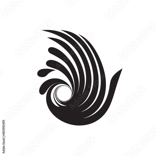 Stylized black graphic element depicts swirling motion with elongated curves and splashing droplets