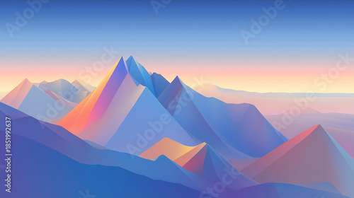 Ultra-wide desktop wallpaper of abstract alpine mountains formed from smooth geometric planes, soft sunrise gradients