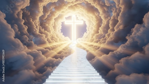 Heavenly light shining through clouds with a glowing cross at the end of a stairway symbolizing