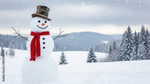 Cheerful snowman with a top hat and red scarf in snow-covered winter landscape