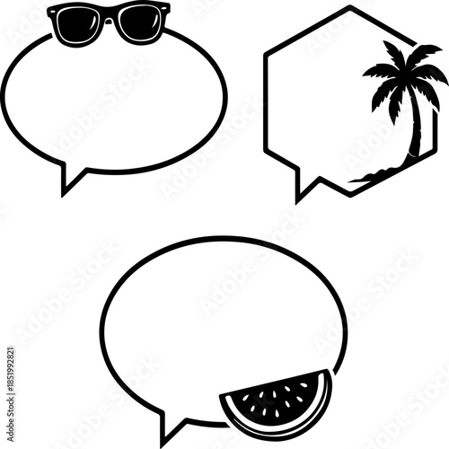 Three summer-themed speech bubbles featuring a pair of sunglasses, a palm tree on a beach, and a slice of watermelon perfect for vacation messages