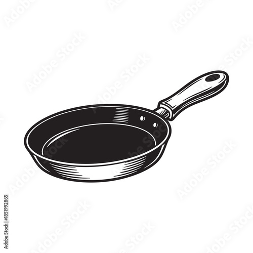 Cast Iron Frying Pan or Skillet with Long Handle, Essential Kitchen Cookware in Detailed Engraving Vector Art.