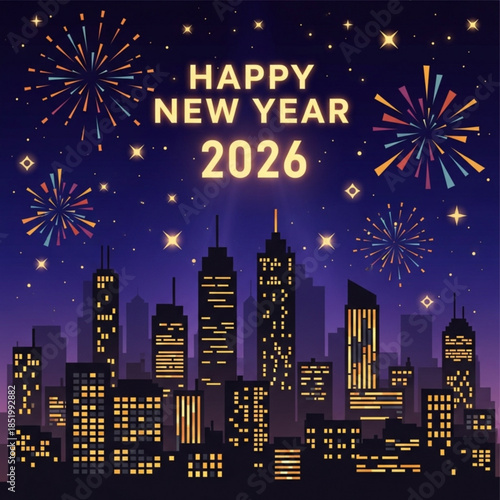 New Year 2026 Celebration: A vibrant cityscape erupts with fireworks as the clock strikes midnight, ushering in the New Year.