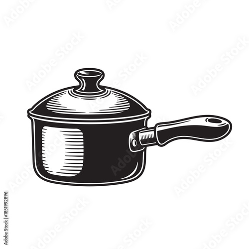 Vintage engraving style illustration of a small cooking saucepan with a lid and handle, ready for kitchen use.