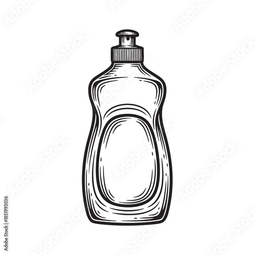 Engraved vector illustration of a plastic bottle of liquid dishwashing soap detergent for household cleaning.