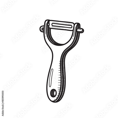 Vintage engraved illustration of a vegetable peeler, a common kitchen tool for preparing food and peeling vegetables.