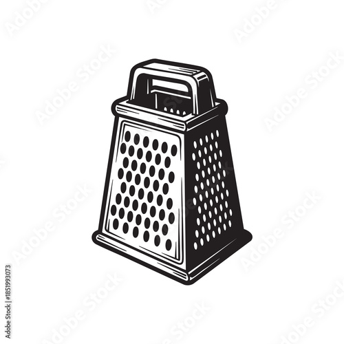 Engraving style vector illustration of a four-sided kitchen box grater used for shredding cheese or vegetables.
