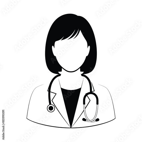 A simple black and white illustration depicts a female doctor with a stethoscope representing healthcare and medical professions