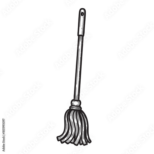 Classic string mop illustration in vintage engraving style, essential household tool for floor cleaning and scrubbing.