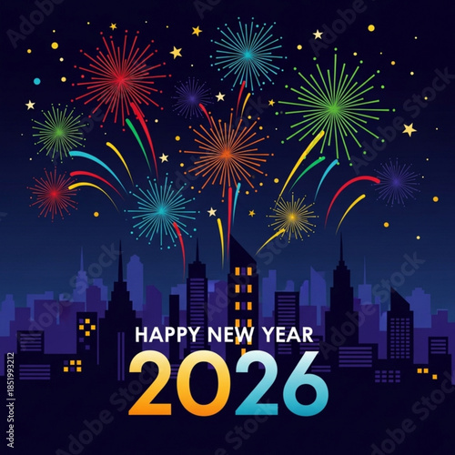 Celebratory Fireworks Over Skyline: A radiant display of fireworks bursts above a city skyline, lighting up the night sky with vibrant colors. A symbol of celebration, ushering in the New Year.