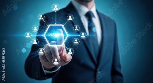 Businessman presses digital insure button connecting to a customer protection network on a glowing blue screen