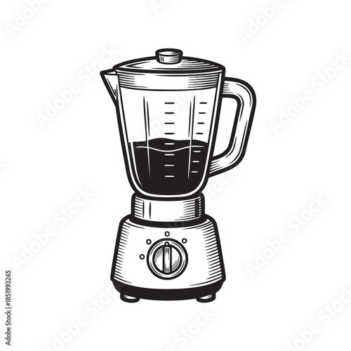 Vintage-style illustration of a modern countertop kitchen blender with a measuring jar, perfect for smoothies and sauces.