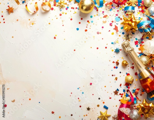 Celebration Background with Colorful Confetti and Holiday Ornaments