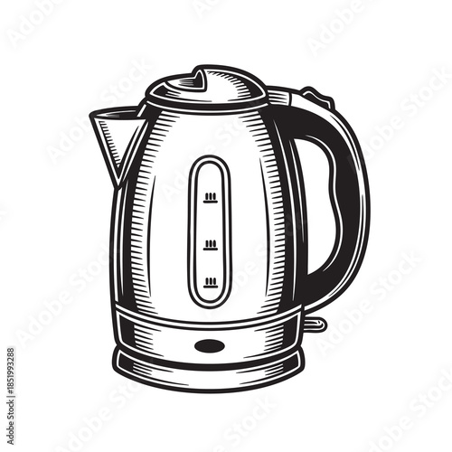 Electric water kettle or boiler in a detailed black and white engraved illustration style, a common household appliance.