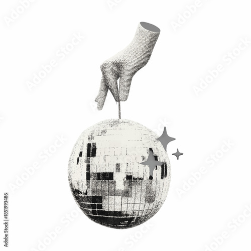 Surreal Hand Pinning Disco Ball Globe Abstract Collage Illustration