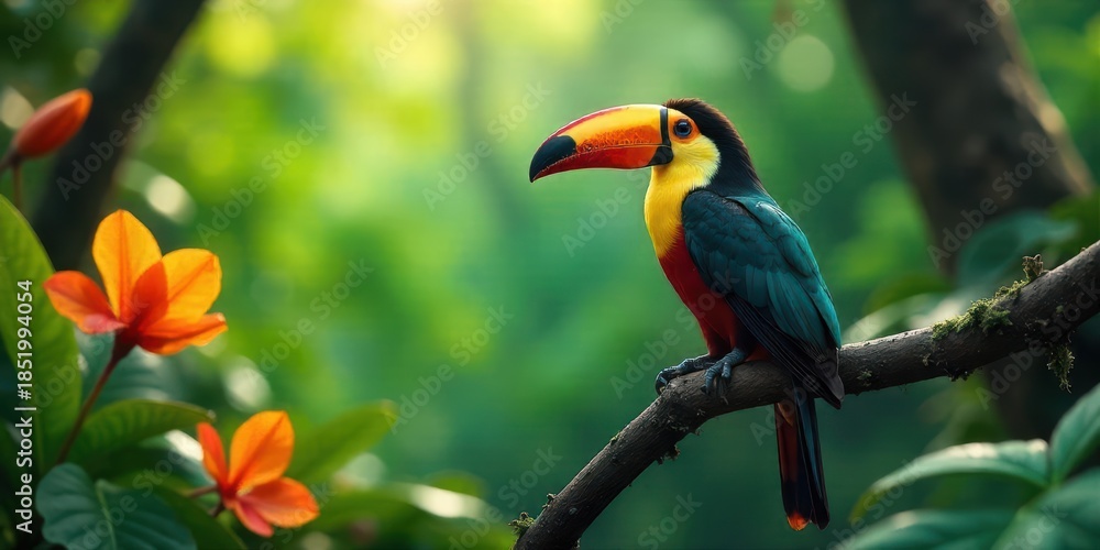 custom made wallpaper toronto digitalA vibrant toucan perched on a mossy branch, amidst lush green foliage and bright orange blossoms, bathed in the soft sunlight of a tranquil rainforest