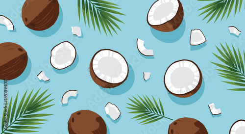 Fun and tropical seamless pattern of whole and split coconuts with green palm leaves scattered on a bright blue background.