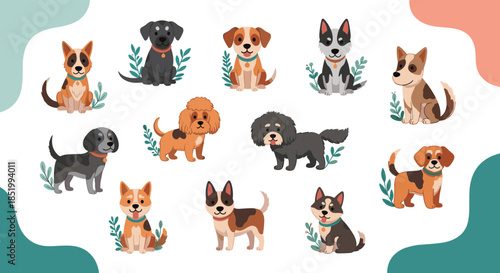 Adorable collection of twelve different cute cartoon puppies and dog breeds, decorated with leaves and abstract background shapes.
