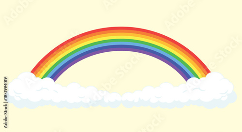 Bright and cheerful cartoon rainbow arcing between two fluffy white clouds on a soft yellow background, symbolizing hope and happiness.
