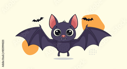 Cute and friendly cartoon bat with big eyes and spread wings, flying happily against a background with abstract orange shapes.