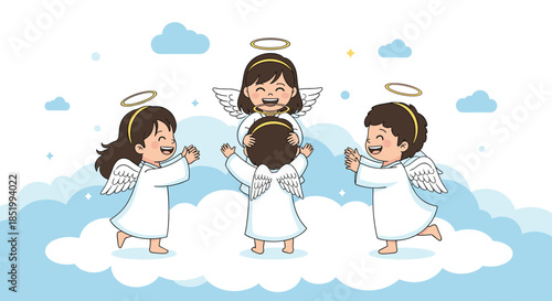 Four cute cartoon child angels with halos and wings, playing happily together on a soft blue cloud in the sky background.