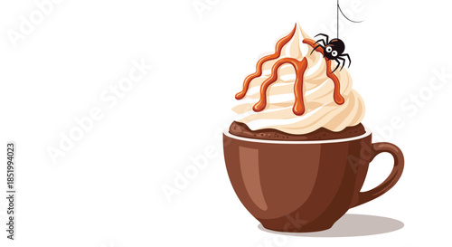 Delicious cup of coffee or hot chocolate with whipped cream, caramel drizzle, and a cute spider for a spooky Halloween treat.