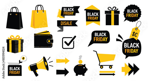 Collection of various Black Friday sales and shopping icons in a bold yellow and black color scheme on a white background.