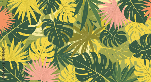 Lush and dense seamless tropical background pattern with overlapping monstera and palm leaves in various shades of green, yellow, and pink.