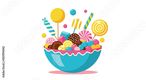 Cheerful blue bowl overflowing with a fun and colorful assortment of candies, lollipops, and sweets on a clean white background.