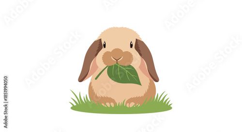 Adorable illustration of a fluffy brown lop-eared bunny rabbit sitting in green grass and nibbling on a fresh green leaf.