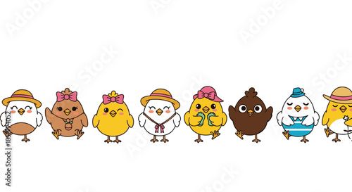 Adorable collection of eight cute cartoon baby chicks in a row, each wearing unique hats and accessories for a playful Easter theme.