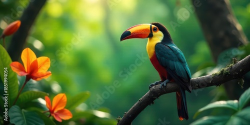 Wallpaper Mural A vibrant toucan perched on a mossy branch, amidst lush green foliage and bright orange blossoms, bathed in the soft sunlight of a tranquil rainforest Torontodigital.ca