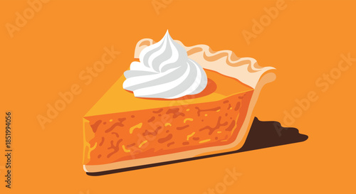 Classic slice of delicious pumpkin pie topped with a generous swirl of whipped cream, perfect for Thanksgiving dessert celebrations.